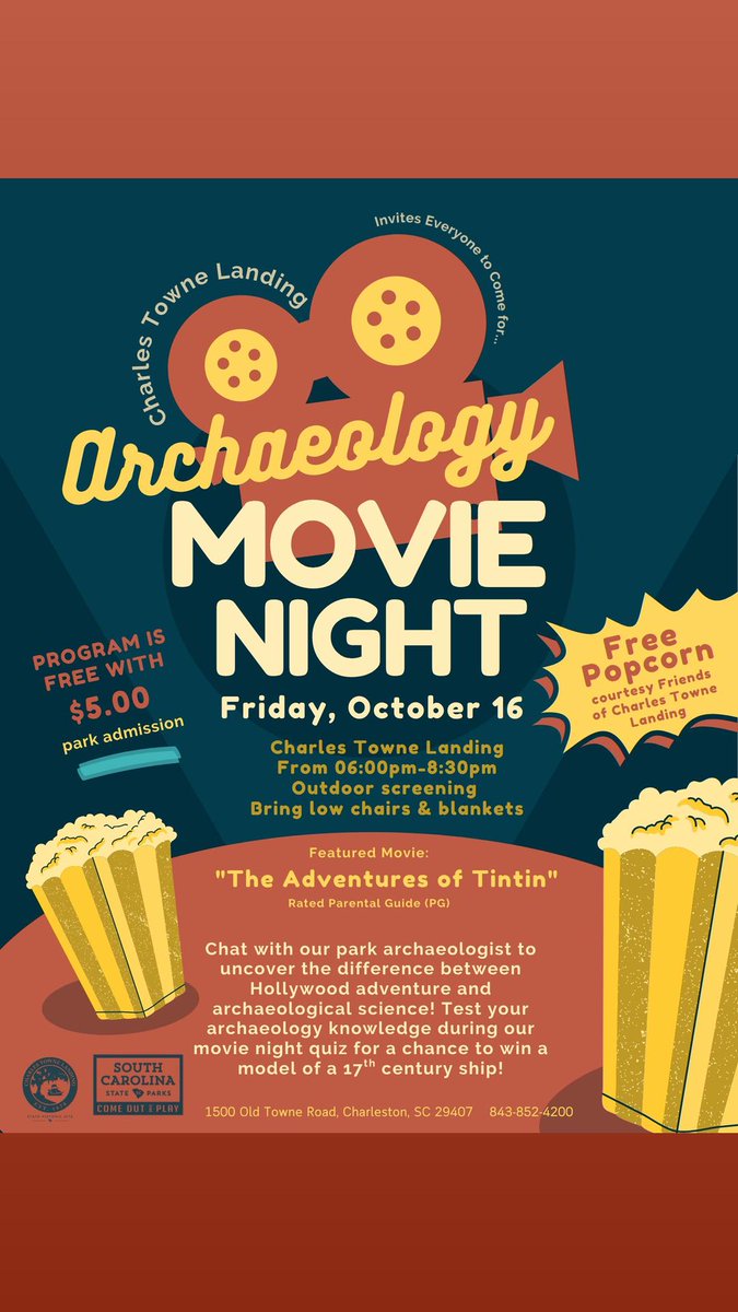 SC_State_Parks's tweet photo. MARK YOUR CALENDAR for MOVIE NIGHT!
Friday, Oct. 16
Charles Towne Landing
Get the details below! https://t.co/6OHFB1SaPf