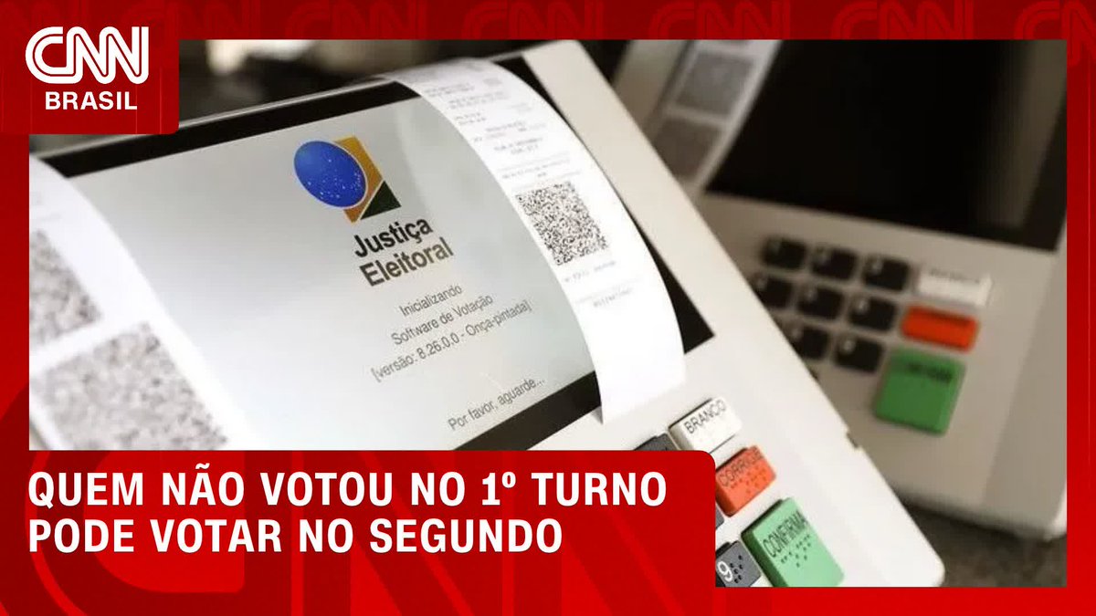 The image, from CNN Brasil, shows a Brazilian electronic voting machine displaying a printed receipt that reads "Justiça Eleitoral" (Electoral Justice) with a QR code, alongside the headline "QUEM NÃO VOTOU NO 1° TURNO PODE VOTAR NO SEGUNDO" ("Those who did not vote in the 1st round can vote in the second"). It visually illustrates the post's clarification about voting eligibility, showing the official voting equipment used in Brazil's elections.