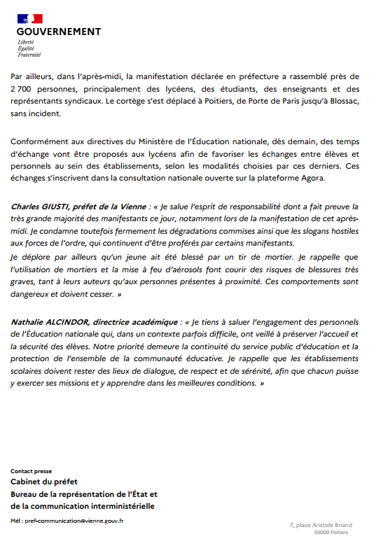 Prefet86's tweet photo. 🔴 Bilan de la  mobilisation lycéenne du 6 octobre
Le préfet de la Vienne salue l’esprit de responsabilité de la très  grande majorité des manifestants, notamment lors de la manifestation de  cet après-midi.
Retrouvez l'intégralité du communiqué de presse ⤵️ https://t.co/IgrsgZoc7n