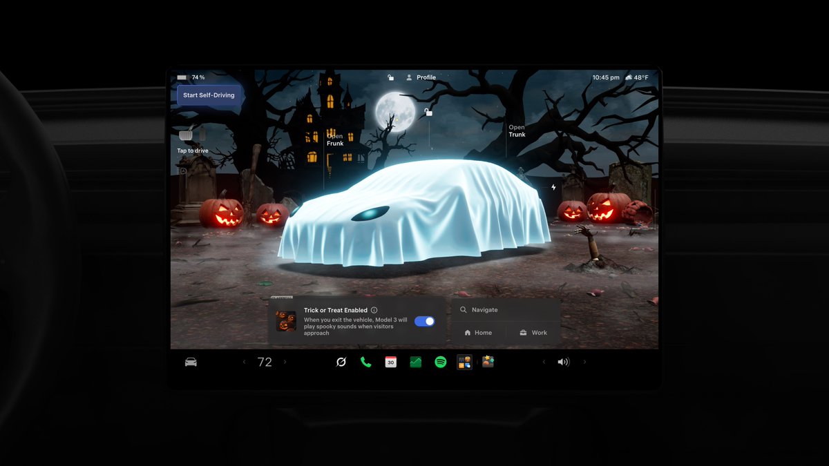 Tesla's tweet photo. Halloween Mode now rolling out 🎃

This spooky update turns your Tesla into a haunted house on wheels

– Ghost costume on your car's avatar

– Enable Trick or Treat to play spooky sounds & flicker the lights when visitors approach

– New haunting light show, wraps & lock sound

– A rather chilling Photobooth

– Frighten people remotely by speaking through the app...your car will say it in a voice of its own

Side effects may include neighborhood notoriety
