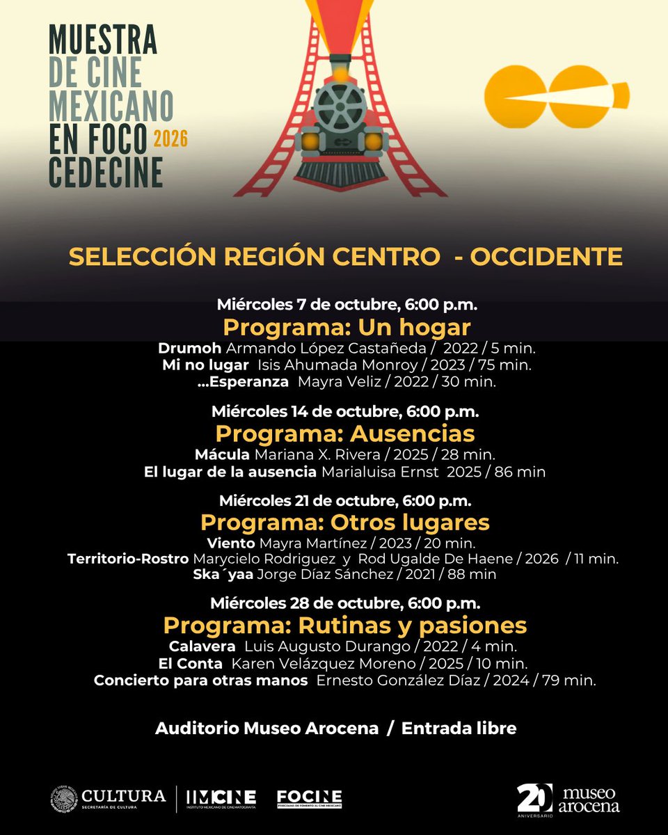 museoarocena's tweet photo. 🎬 Muestra de Cine Mexicano en Foco | CEDECINE 2026

Disfruta 5 programas que reúnen nuevas voces, miradas y propuestas del cine mexicano

Consulta la programación y acompáñanos 
https://t.co/NMen10gbRg

Miércoles de octubre, 6:00 p.m.
Auditorio Museo Arocena
Entrada libre https://t.co/Hkew6CnZ7u