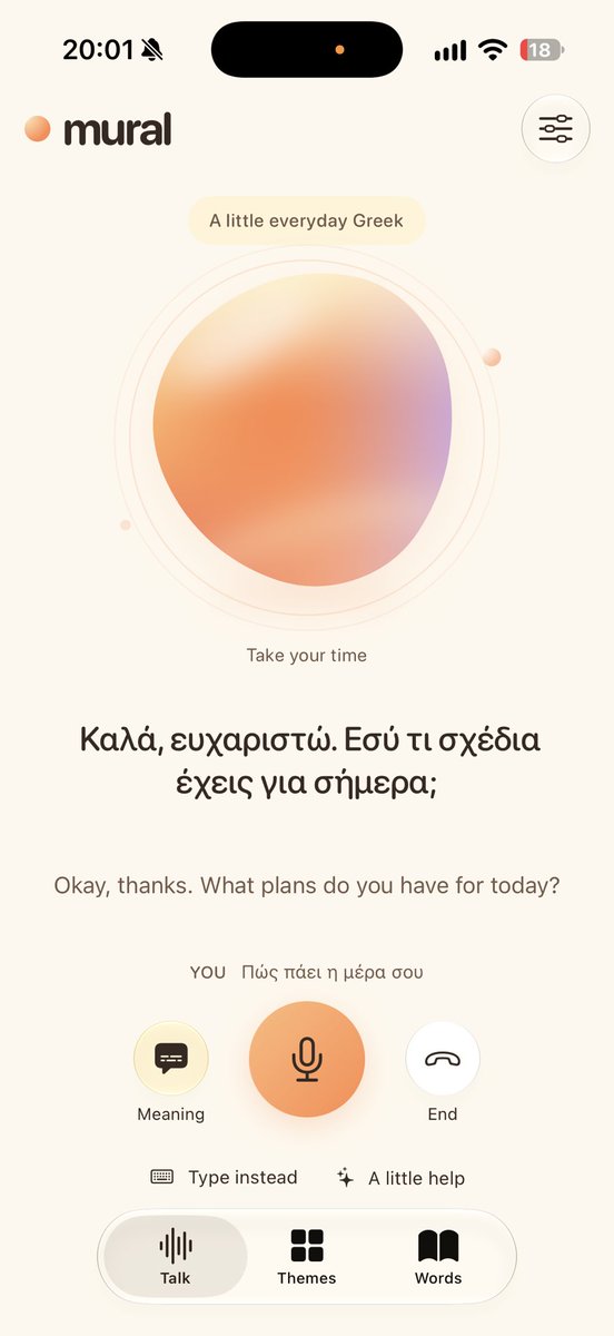 iChuloo's tweet photo. Mural is live to test for iOS on Testflight. 

shipped:
- learn Serbian, Greek and Tagalog. We thought to add these from feature requests and I think Greek would be nice 
- added minor improvements for accent understanding, pacing first conversations and account support
- You can buy minutes if you don't have an API key from https://t.co/MIJWhcjcf3
- conversations on iOS continue in the background even when your screen is off

Thanks to all the PR contributors. It's a bit hard to carefully review everything with most PRs coming in with 50+ files changed. makes me wonder if OSS is now about strong 'token and ideas/issues contribution' towards a common goal

Still working on an official Appstore release. it's interesting to learn various AI app restrictions that exist atm. e.g chinese rules around the mention of 'OpenAI' for instance 😀

Testflight 👇 
https://t.co/h9zlJpEK9V