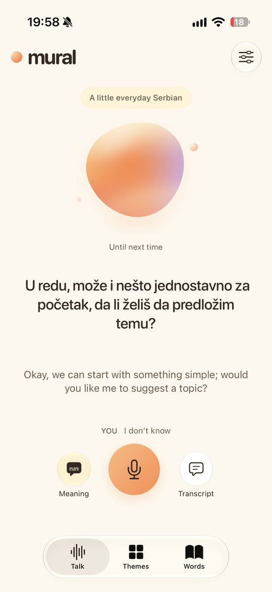 iChuloo's tweet photo. Mural is live to test for iOS on Testflight. 

shipped:
- learn Serbian, Greek and Tagalog. We thought to add these from feature requests and I think Greek would be nice 
- added minor improvements for accent understanding, pacing first conversations and account support
- You can buy minutes if you don't have an API key from https://t.co/MIJWhcjcf3
- conversations on iOS continue in the background even when your screen is off

Thanks to all the PR contributors. It's a bit hard to carefully review everything with most PRs coming in with 50+ files changed. makes me wonder if OSS is now about strong 'token and ideas/issues contribution' towards a common goal

Still working on an official Appstore release. it's interesting to learn various AI app restrictions that exist atm. e.g chinese rules around the mention of 'OpenAI' for instance 😀

Testflight 👇 
https://t.co/h9zlJpEK9V