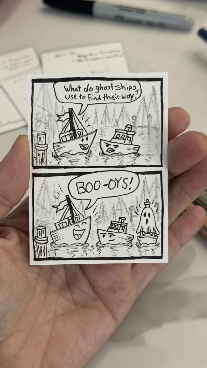 Tasharazzi's tweet photo. Day 4 of #promptober with @djcoffmanand @drawordieclub this days prompt was “Ghost Ship” so I went with a #comic styled joke about ghost ships..:) love this daily challange thanks DJ! Day 5-6 coming soon! https://t.co/P6FNSjBVbE