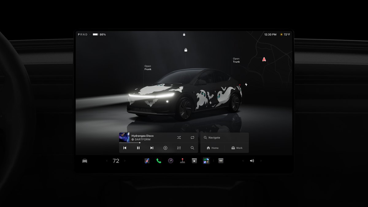Tesla's tweet photo. Halloween Mode now rolling out 🎃

This spooky update turns your Tesla into a haunted house on wheels

– Ghost costume on your car's avatar

– Enable Trick or Treat to play spooky sounds & flicker the lights when visitors approach

– New haunting light show, wraps & lock sound

– A rather chilling Photobooth

– Frighten people remotely by speaking through the app...your car will say it in a voice of its own

Side effects may include neighborhood notoriety