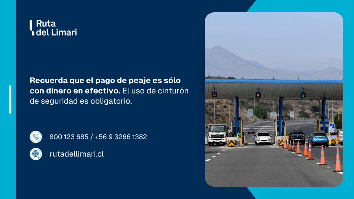LimariRuta's tweet photo. [INFORMACIÓN] 💵 El pago del peaje en nuestras plazas #LasCardas es en efectivo, y si llevas el sencillo será mucho más rápido. 👉 Recuerda que el uso del cinturón de seguridad y sistemas de retención infantil es obligatorio. #Coquimbo #LaSerena #RutaDelLimarí https://t.co/9dwEOaxacF