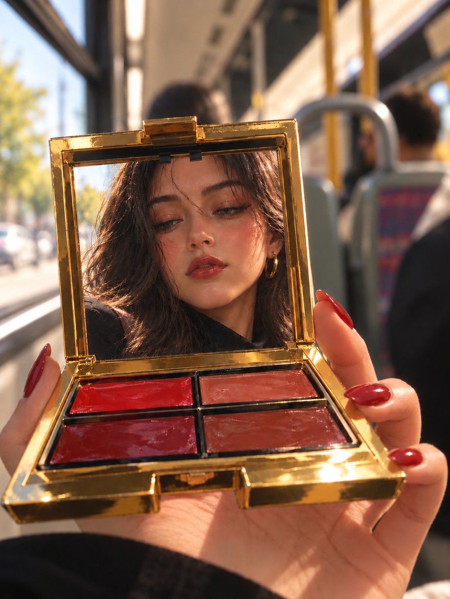 antrospike's tweet photo. Reflection 🤍

___
Prompt:
Photorealistic cinematic close-up photograph, a person holding an open square-shaped luxury makeup compact box directly toward the camera with one hand. The compact has a shiny reflective gold metallic frame, four rectangular lipstick/cream makeup pans arranged in a perfect 2x2 grid in rich red, coral, dark rose, and nude-brown shades. The upper lid contains a clear rectangular mirror, and the mirror accurately reflects the face of a beautiful young woman with long slightly messy dark brown hair, natural warm makeup, soft blush, subtle eyeliner, glossy red lips, small gold hoop earrings, and a calm slightly dreamy expression.

The face must appear ONLY as a reflection inside the compact mirror, naturally aligned with the mirror perspective. Her reflection should be sharp and realistic, with natural skin texture and realistic facial proportions.

The hand holding the compact is clearly visible around the sides and underneath the box, with elegant long almond-shaped glossy dark-red nails. Realistic fingers, realistic skin texture, anatomically correct hands.

Background: inside a modern city bus, clearly recognizable but heavily blurred with shallow depth of field. Visible bus seats, yellow vertical handrails, windows, soft silhouettes of passengers, and bright daylight outside the window. Warm golden-hour sunlight enters through the bus window and creates realistic highlights and reflections on the gold makeup box.

Composition: vertical portrait orientation, compact makeup box dominating the foreground, mirror centered in the upper half, reflected face centered inside the mirror, makeup pans clearly visible in the lower half, bus background behind everything. Close camera distance, realistic perspective, shallow depth of field, cinematic bokeh, warm natural sunlight, premium beauty advertisement aesthetic.

Ultra photorealistic, DSLR photography, 85mm lens look, high detail, realistic reflections, realistic glass mirror, physically accurate lighting, natural skin pores, sharp foreground, soft background, subtle lens flare, professional beauty campaign photography, no text, no logo, no watermark, no extra fingers, no deformed hands, no duplicated objects, no distorted face.

negetive prompt:
cartoon, anime, illustration, CGI, 3D render, plastic skin, distorted face, deformed hands, extra fingers, missing fingers, duplicated fingers, malformed nails, floating makeup box, broken mirror, unrealistic reflection, multiple faces, duplicate person, warped compact, incorrect perspective, blurry face, low resolution, oversaturated colors, text, logo, watermark