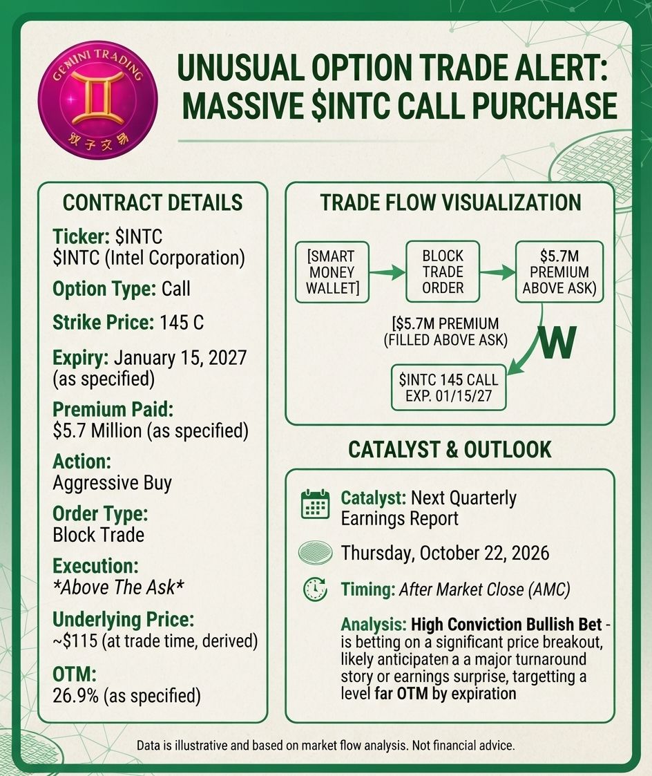 🚨 FLOW PRINT #77: $INTC — $5.7M, above the ask, 101 DTE. The longest-dated print in the serial. Thread. 🧵
THE CONTRACT 📋
Jan-15-27 $145 calls. $5.7M premium.