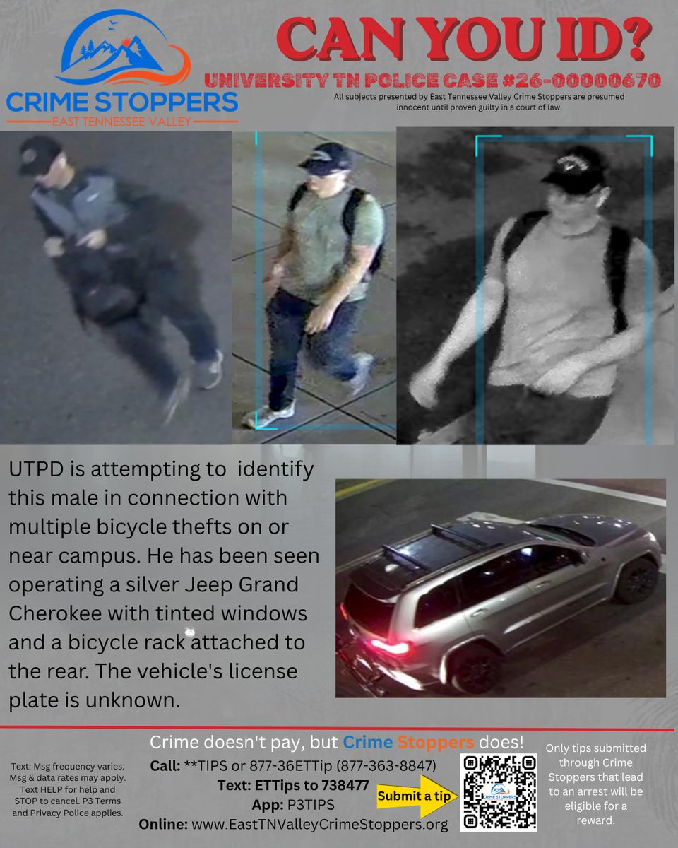tn_crime's tweet photo. 🚨ATTEMPT TO ID: UTPD🚨
@UTPolice would like to ID this person regarding bicycle thefts on and around the UT campus.
Recognize him? Stay anonymous &amp; tip East TN Valley Crime Stoppers: 📞**TIPS💬Text: "ETTips" to 738477 🌐 Online: https://t.co/vnyXkNy3dF
#CrimeStoppers https://t.co/BSntvNIDzN