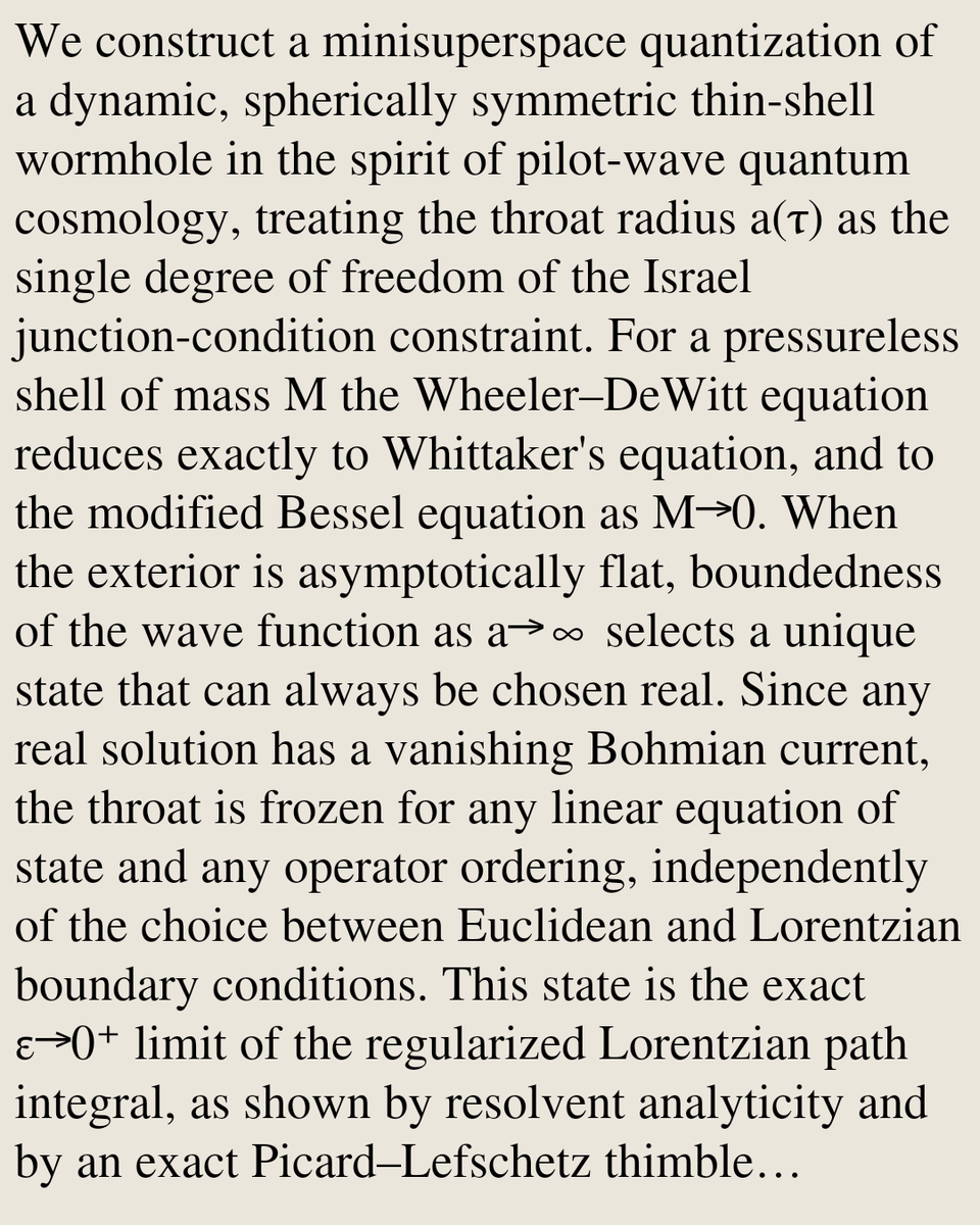 RelativityPaper's tweet photo. Dynamic Quantum Wormholes: Path-Integral State Selection and the Quantum Throat Trajectory in an Exactly Solvable Thin-Shell Model

Rikpratik Sengupta, Paulo Vargas Moniz
https://t.co/sGofXuXOp6 [𝚐𝚛-𝚚𝚌] https://t.co/tv6CjmE1En
