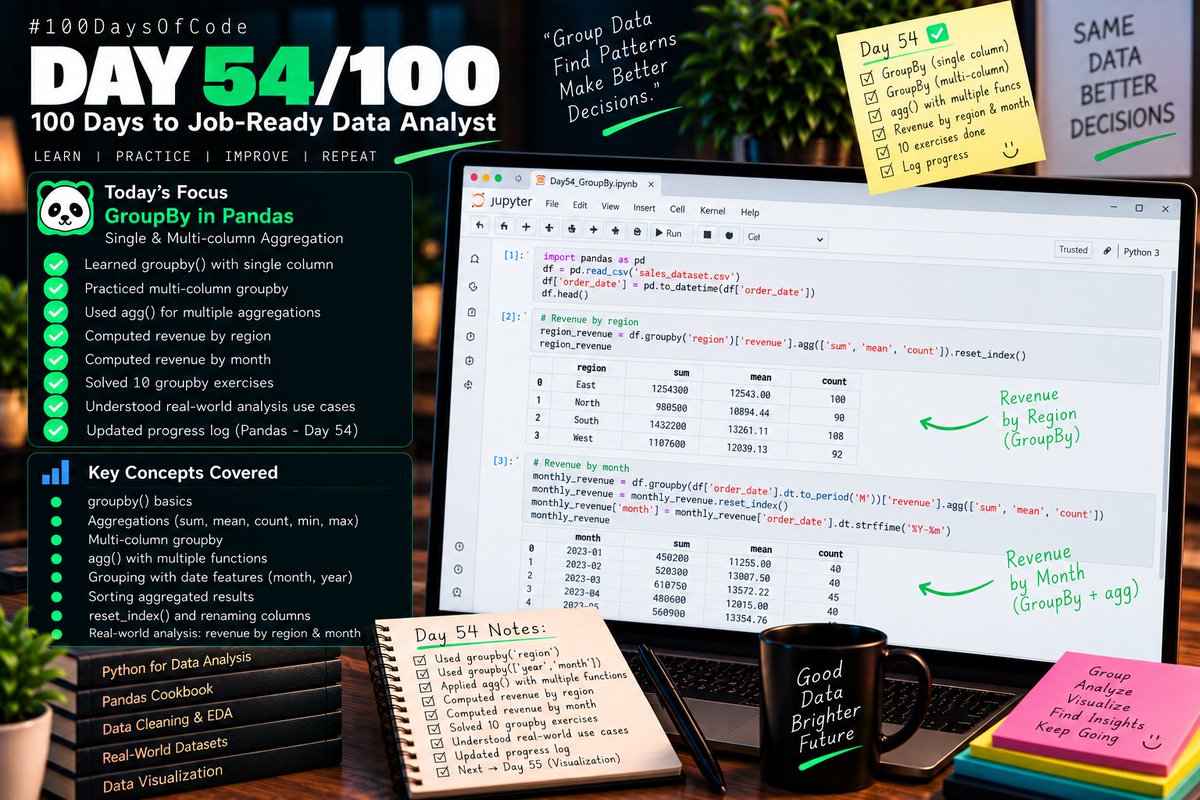 Chiranjeeb_Ku_'s tweet photo. Day 54/100 — Pandas 🐼

Focused on GroupBy &amp; aggregation.

Practiced single &amp; multi-column grouping and calculated revenue by region and month.

Key insight: Grouping data turns raw numbers into business insights.

#100DaysOfData #DataAnalyst https://t.co/l1fKUbh6zW