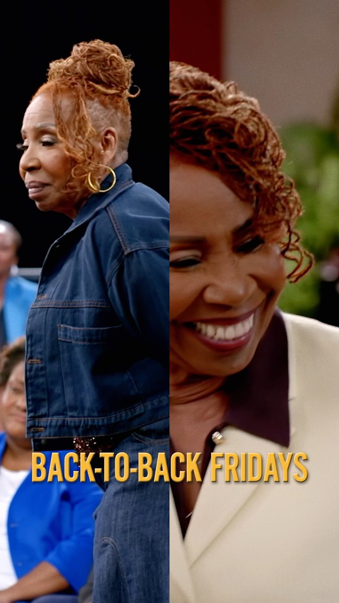A side-by-side image featuring Iyanla Vanzant in two different appearances—one wearing a denim jacket with her signature locs styled up, and the other in a cream-colored blazer smiling warmly—with the text "BACK-TO-BACK FRIDAYS" overlaid in bold yellow letters, promoting her OWN network special on mothers and daughters.