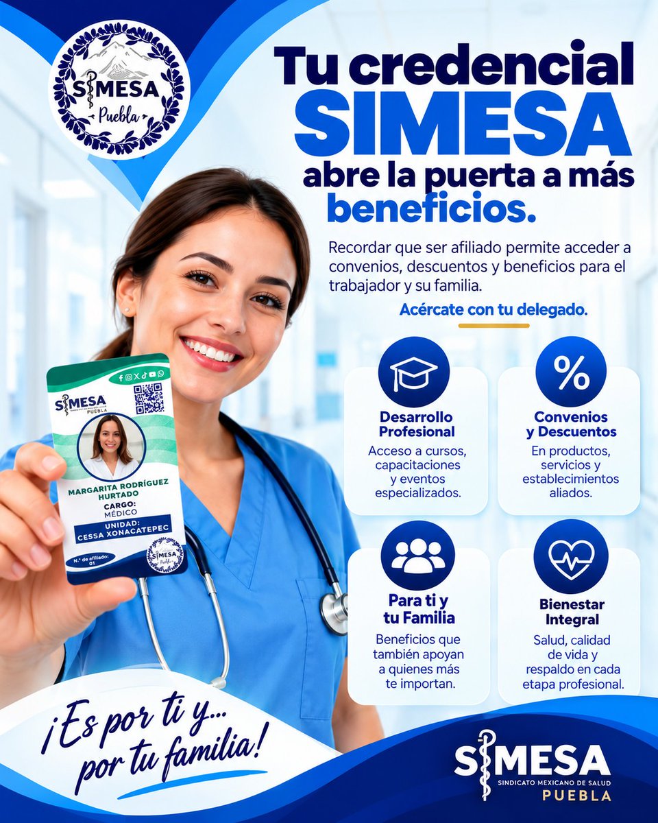 SSimesa17496's tweet photo. 💳💙 Tu Credencial SIMESA abre la puerta a más beneficios.
Accede a convenios, descuentos, capacitación y beneficios para las y los afiliados.
📲 ¿Aún no cuentas con la tuya? Acércate con tu delegado SIMESA.
¡Esto es por ti y por tu familia!
#SIMESAPuebla #SIMESA https://t.co/x8NQPUOUrJ