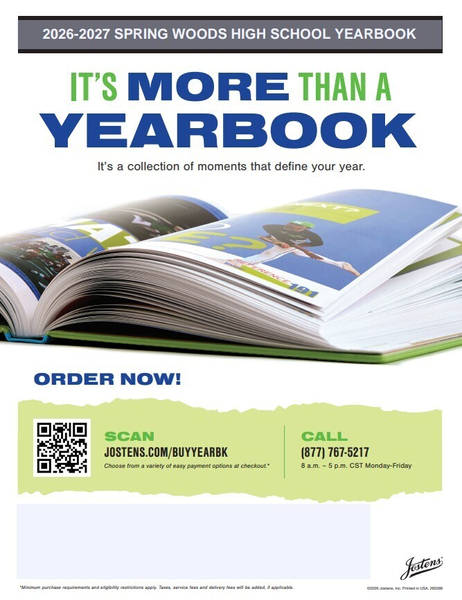 SpringWoodsHigh's tweet photo. You ONLY have 3  months to purchase your 2026/2027 yearbook for $65. The price increases to $75 on January 1! Senior Ads, to celebrate your senior in the back of the yearbook, are due on February 11! Buy both at https://t.co/YOGczUTtbv TODAY! https://t.co/82NlNietPX