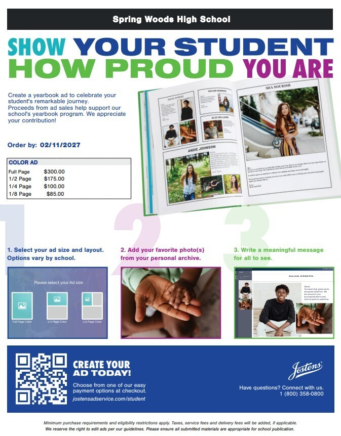 SpringWoodsHigh's tweet photo. You ONLY have 3  months to purchase your 2026/2027 yearbook for $65. The price increases to $75 on January 1! Senior Ads, to celebrate your senior in the back of the yearbook, are due on February 11! Buy both at https://t.co/YOGczUTtbv TODAY! https://t.co/82NlNietPX