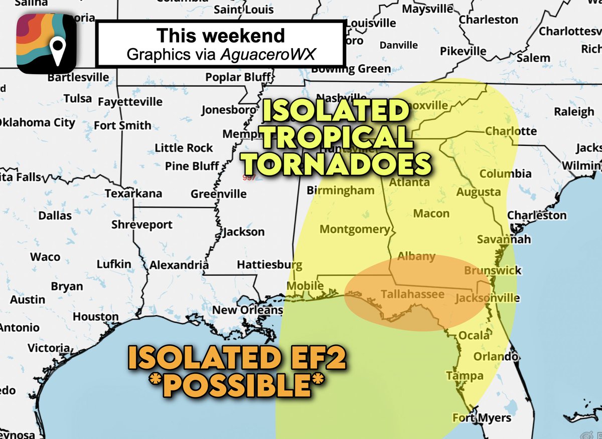 MyRadarWX's tweet photo. SATURDAY and SUNDAY, October 10-11 could feature tornado activity across Alabama, Florida and Georgia. An isolated significant tornado is possible. 

This is in association with a landfalling tropical system that will earn the name "Isaias." The system's will probably come ashore somewhere between New Orleans and Apalachicola.

As the system makes landfall, dry air will swirl in on its back side. That will weaken the tropical storm/hurricane, BUT make a recipe favorable for tornadoes.

As dry air clashes with moist, tropical air, we'll probably get one or more bands of thunderstorms on the east (right) side of the system. Those thunderstorms will tap into the remnant storm's rotating wind field and acquire rotation themselves.
 
At least a very isolated tornado is possible as far north as eastern Tennessee or western parts of the Carolinas. The greatest risk of an isolated significant tornado or two is between Pensacola, Tallahassee and Jacksonville.

This forecast is made both based on forecaster intuition and deterministic/machine learning models. StormNet, the most accurate of any severe weather-focused machine learning model, is already highlighting this region.

The threat could begin Friday night and last into Sunday, shifting from the Gulf Coast northward. 

The European model in particular is highlighting an overlap of shear (changing winds with height) and instability (thunderstorm fuel). That juiced-up air mass will allow thunderstorms to blossom vertically into an environment that will twist them counterclockwise. 

For now, remain abreast of the evolving forecast.