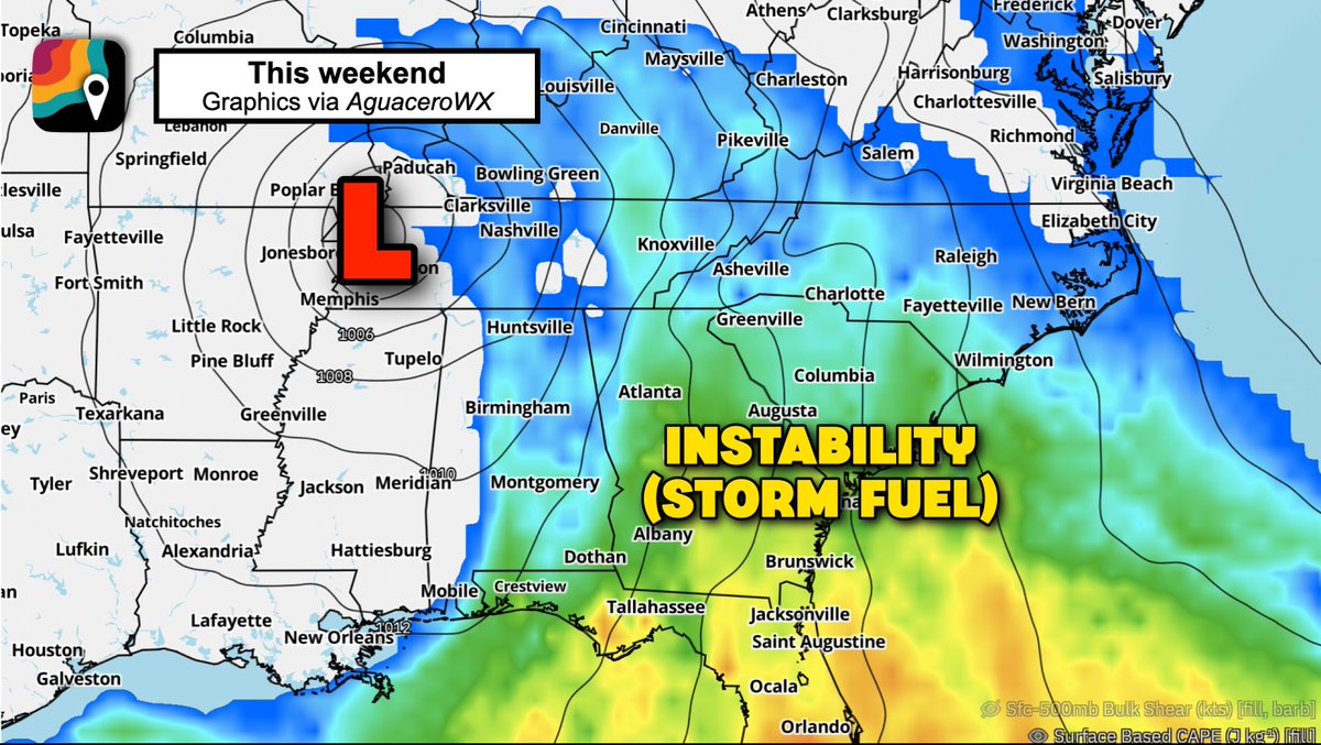 MyRadarWX's tweet photo. SATURDAY and SUNDAY, October 10-11 could feature tornado activity across Alabama, Florida and Georgia. An isolated significant tornado is possible. 

This is in association with a landfalling tropical system that will earn the name "Isaias." The system's will probably come ashore somewhere between New Orleans and Apalachicola.

As the system makes landfall, dry air will swirl in on its back side. That will weaken the tropical storm/hurricane, BUT make a recipe favorable for tornadoes.

As dry air clashes with moist, tropical air, we'll probably get one or more bands of thunderstorms on the east (right) side of the system. Those thunderstorms will tap into the remnant storm's rotating wind field and acquire rotation themselves.
 
At least a very isolated tornado is possible as far north as eastern Tennessee or western parts of the Carolinas. The greatest risk of an isolated significant tornado or two is between Pensacola, Tallahassee and Jacksonville.

This forecast is made both based on forecaster intuition and deterministic/machine learning models. StormNet, the most accurate of any severe weather-focused machine learning model, is already highlighting this region.

The threat could begin Friday night and last into Sunday, shifting from the Gulf Coast northward. 

The European model in particular is highlighting an overlap of shear (changing winds with height) and instability (thunderstorm fuel). That juiced-up air mass will allow thunderstorms to blossom vertically into an environment that will twist them counterclockwise. 

For now, remain abreast of the evolving forecast.