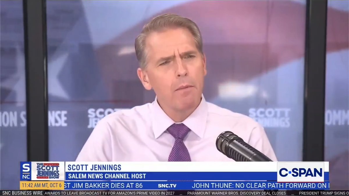 A C-SPAN broadcast shows Scott Jennings, identified by the on-screen chyron as "Salem News Channel Host," appearing on "The Scott Jennings Show" at 11:42 AM MT, October 6. The accompanying post relates to the image by featuring Jennings criticizing Sen. Candidate Abdul El-Sayed for accepting Soros-linked funds while advocating to remove money from politics.