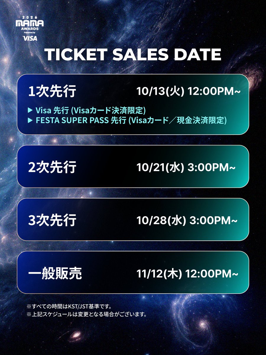 KpopChudokuchan's tweet photo. MAMA、チケット詳細かなり出揃ってきたので、
「結局どの先行でどう買うのが良いの？」までナナなりに整理しました😂🔥

【2026 MAMA、ナナならこう買う！チケットの狙い方＋出演者完全予想】

今年は

11/20 CHAPTER 1
11/21 CHAPTER 2
📍京セラドーム大阪

1次先行は10/13 12:00〜10/18 23:59です！

通常指定席
→25,000円

PREMIUM SEAT
→35,000円

PREMIUMは公式で「ステージ付近のお席」と案内されてるので、今年ここ結構大きい👀
最前とか花道横確約ではないけど、普通席との差額＋1万円なら、推しが何組も出る日だったらナナはPREMIUM狙いたい😂

で、今回ちょっと分かりにくいのが
「Visa先行」と「FESTA SUPER PASS先行」
の2種類あること。

Visa先行は、特別な会員になる必要はなくて、
「Qoo10会員」＋「Visa決済できるカード」
があれば基本申し込みできます🙌

楽天カードでもdカードでも三井住友でも、カード会社じゃなくて「Visaブランドかどうか」が重要。
逆にJCBやMastercardしか持ってない場合はVisa先行は使えません。※現金、コンビニ払いなども不可

そしてもう1つが「FESTA SUPER PASS」
これ、MAMA本公演のチケットではないです⚠️

Mnet Plusで販売されてる「MAMA FAN FESTA」の有料パスで、
DAY1 / DAY2それぞれ9,900円。

その特典の1つとして、対応する日のMAMA本公演チケットが「優先当選対象」になります。

つまり例えばDAY1を買うと、

SUPER PASS 9,900円
↓
10/13からQoo10のSUPER PASS先行に応募
↓
11/20 CHAPTER1が優先当選対象
↓
当選したらMAMA本公演のチケット代を別で払う

という流れ。

なのでPREMIUMなら、

9,900円
＋
35,000円
＋手数料

で少なくとも44,900円＋手数料😂
通常席でも34,900円＋手数料です。

それでも「9,900円払えばMAMAに入れる」ではないのでここ本当に注意！

ただSUPER PASS先行は公式で「優先当選対象」。
当選確約ではないけど、MAMA自体に絶対行きたい人ならかなり気になるよね👀

しかもSUPER PASS先行は現金決済もあるので、Visaカード持ってない人にも先行ルートがあります🙌
SUPER PASS自体は10/7〜10/18にMnet Plusで販売中。

あと、Visa先行＋SUPER PASS先行の両方に応募することはできません！どちらか1つを選ぶ必要あり。

細かい条件は公式👇 https://t.co/X6d41Uwu3e

【じゃあ結局どれがおすすめ？】

ナナならこんな感じ。

「出演者関係なくMAMA絶対行きたい」
→SUPER PASS取って1次先行
→予算許せばPREMIUM

「なるべく追加費用かけたくない」
→VisaカードあるならVisa先行

「推しが出る日しか行きたくない」
→出演者第1弾を少し待つ
→10/18までに日程決めて応募

かな！
今回先着じゃなくて抽選なので、申し込み開始日に即申し込んだから有利というわけではありません。

2024年は第1弾出演者発表と1次先行開始がほぼ同時、
2025年も第1弾発表とVisa先行が同日でした。

なので今年も10/13〜17くらいで出演者出てくるんじゃないかなってナナは見てます👀

ナナ自身は出演者を少し待つ予定！
ただSUPER PASSを使うつもりなら販売期間も10/18までなので、そこだけ忘れないようにしたい。

※凄い複雑で一回で理解するの大変だと思うので、わからないことがあればリプやDMで聞いてください✋

【そして一番楽しい出演者予想😂🔥】

ナナの推しからいくと、

★★★★★
aespa
IVE
MEOVV

この3組は2024、2025と2年連続MAMA出演。
IVEは10/26「Looks Can Kill」カムバ直後だし、aespaも日程空いてるのでかなり期待してます。

★★★★☆
Hearts2Hearts
LE SSERAFIM

H2Hは去年MAMA初出演＋新人賞。
しかも今年は11/22、23に有明ファンイベントがあるので、

11/20 MAMA大阪
↓
東京移動
↓
11/22 有明

だったらかなり綺麗じゃない？😂

ルセラも日本活動強いし、直近2年MAMAパフォーマーとして出てないので今年ちょっと期待してます。

★★★☆☆
BABYMONSTER
NMIXX

ベビモンは11/21に台北公演が確定してるので、出るならほぼ11/20候補。
10/23に新曲カムバもあるからMAMAで新曲やったら激アツなんだけど、翌日台北は普通にハードすぎる😂
なので出てほしいけど、この辺はちょっと読めない。

★★☆☆☆
TWICE

出たらナナめちゃくちゃ嬉しいけど、最近MAMAパフォーマーとしては出てないので少し低め。
ただ日本開催だから、TWICE本体じゃなくMISAMOとか特別ステージで来ても全然おかしくないと思ってます👀

その他だと、

Stray Kids
ENHYPEN
RIIZE
BOYNEXTDOOR
NCT WISH
CORTIS

あたりはかなり候補だと思う！

特にSKZ、ENHYPENあたり来たら倍率さらにヤバそう😂

前回の投稿では、
2024年MAMAの座席を参考に「どこになるんだろう？」って話してたけど、
今年はPREMIUMが新しくできて、少なくとも「ステージ付近」までは保証。

MAMAって単独ライブと違って1組の出演時間が短いから、
推しが多い日の＋1万円なら個人的には結構アリなんよね。

あと前回まとめた生中継については、今年もMnet Plusで世界配信予定！
日本向けもMnet系での視聴案内が出てるので、チケット外れても見る手段自体はありそう🙌

料金や字幕、見逃しなど細かい部分はまだ続報待ちです。

というか、

MAMA
MUSIC BANK
IVEカムバ
MEOVVカムバ
ベビモンカムバ
H2Hファンイベ

年末に全部固まりすぎwww

ナナの財布、本当に大丈夫かな😂

でもK-POPのために生きてる民として、
aespa、IVE、MEOVV、H2H、ベビモンあたりが同じ日に固まったら、そこはケチらずPREMIUM狙います🔥

あとは出演者発表待ち！！
また新しい情報が出たらまとめますね👀

#MAMA
#MAMAAWARDS
#MAMA2026
#KPOP
#京セラドーム