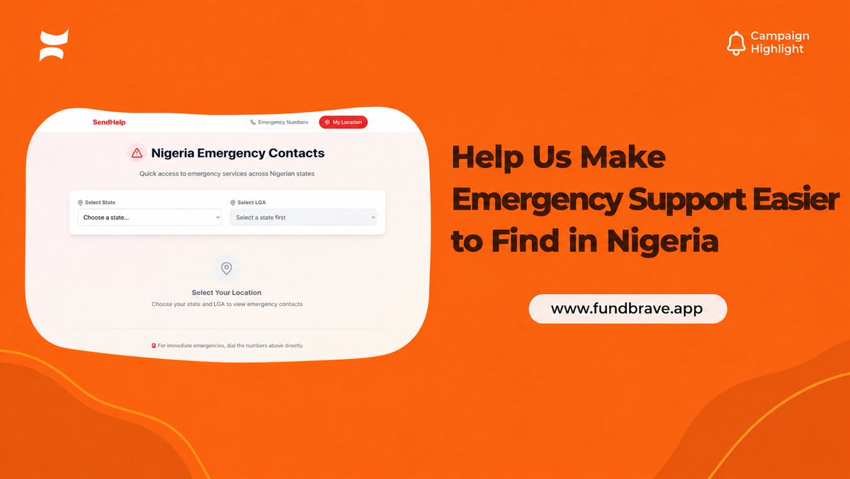 FundBrave's tweet photo. When something goes wrong, finding help shouldn’t become another problem.

But in Nigeria, finding the right emergency contact, road safety information or community support can be surprisingly difficult.

You could witness an accident. A family could suddenly need help. You could need urgent information and simply not know where to find it.

That’s why SendHelp exists...👇