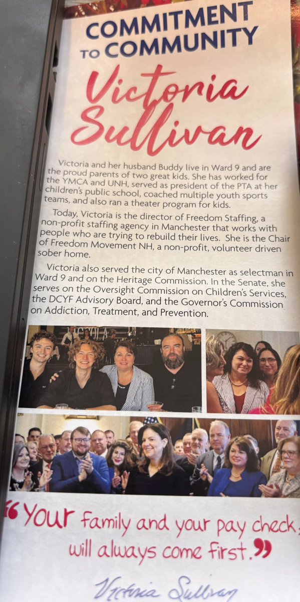 JamesLSavarese's tweet photo. Academic elites and union thugs may support her opponent, but the people in State Senate District 18 support @victoria4nh; a loving wife, mother, community activist, a champion for families, children, and the downtrodden.  Please vote for Victoria on 11/3. #NHPolitics https://t.co/nEpfmDOGAk