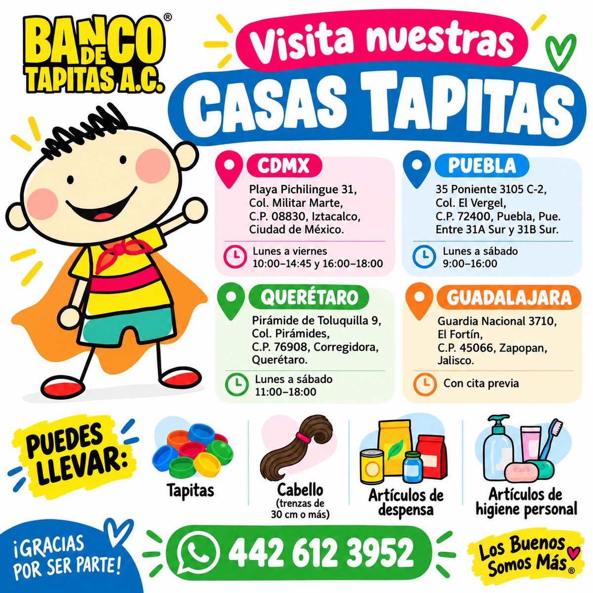 bancodetapitas's tweet photo. 🏠💛 ¡VISITA NUESTRAS CASAS TAPITAS! 💛🏠
Juntos, luchemos contra el cáncer infantil 💛

¿Sabías que puedes llevar tus donativos directamente a nuestras sedes? Tenemos presencia en CDMX, Puebla, Querétaro y Guadalajara, donde con mucho gusto recibimos:

♻️ Tapitas de plástico
💇‍♀️ Cabello — trenzas de 30 cm o más
🥫 Artículos de despensa
🧴 Artículos de higiene personal
🧸 Juguetes nuevos
🛏️ Cobijas nuevas

📍 Consulta en la imagen la dirección de tu Casa Tapitas más cercana y ayúdanos a seguir llenando de esperanza nuestros espacios.
📲 ¿Tienes dudas? Escríbenos por WhatsApp:
 442 612 3952

💛 Dona, comparte y ayúdanos a llegar a más familias.

#LosBuenosSomosMás
#BancoDeTapitas #CasaTapitas #DonaTapitas #MovimientoRapunzel #ReciclaConCausa #CáncerInfantil
