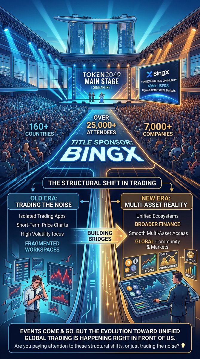 CoweRoss's tweet photo. TOKEN2049 Singapore is pulling 25,000+ attendees, showing where the industry is heading. The future isn't isolated crypto apps; it's unified multi-asset access like BingX bridging traditional and digital markets. 

What are you watching?

#Crypto #TOKEN2049 #Trading https://t.co/FMNkyfnC51