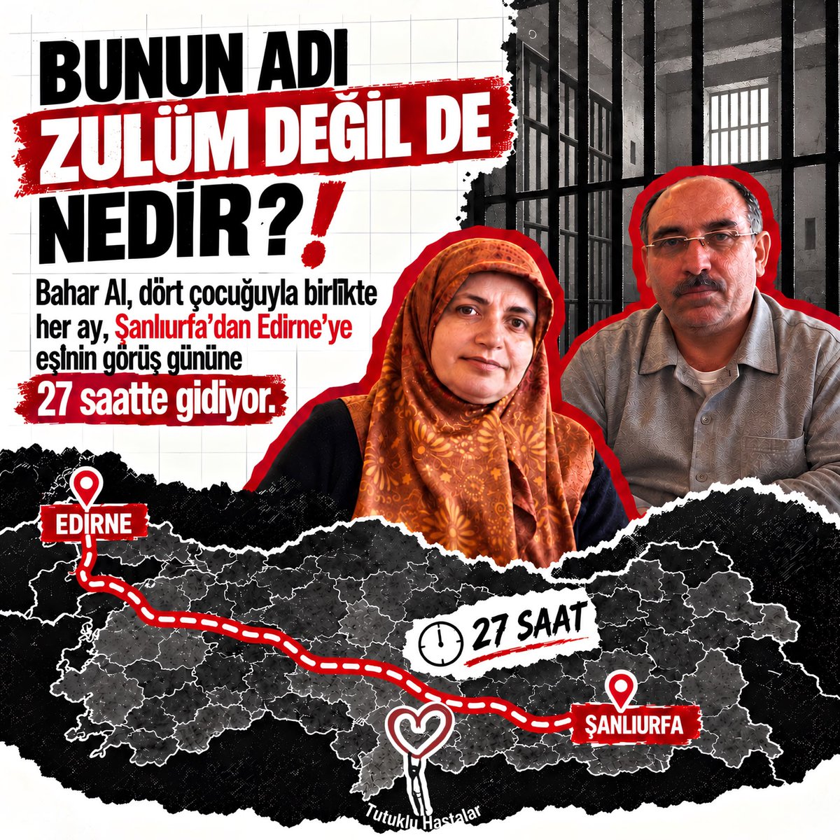MiyaKontesss's tweet photo. Kanser hastası İbrahim Halil Al için “cezaevinde kalabilir” raporu verildi. Eşi Bahar Al ise “Bir hap bile verilmedi, eşimi ölüme mi terk ediyorlar?” diye soruyor. Dört çocuklu aile 27 saatlik yolla perişan. 
HalilAla SkandalRapor
@memduhtv https://t.co/ewOy0K1cte