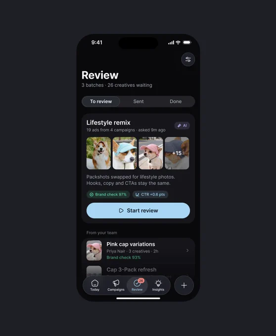 AI 광고 리믹스 검토 iOS 앱 — 다크 모드 승인·반려 플로우