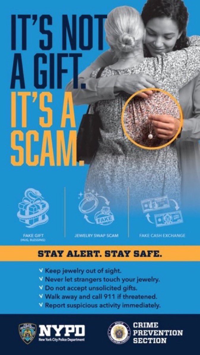 NYPD121Pct's tweet photo. 🚨JEWLERY SCAM ALERT 🚨

Scammers are targeting victims in public who have visible jewelry shown or using distractions to swap real jewelry for fake. https://t.co/H5IAfnH8wf