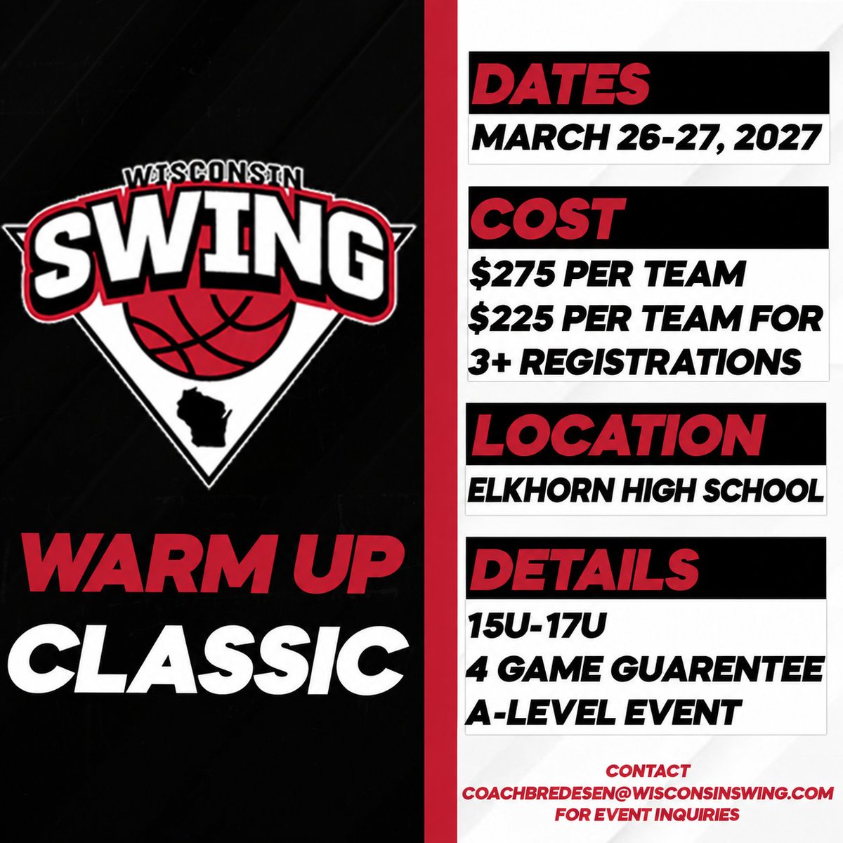 WisconsinSwing's tweet photo. Wisconsin Swing 2027 Tournament Dates Announced:

📍March 26-27  Spring Warm-up  15u-17u
📍April 18-19       Team Duke Classic, 9u-17u
📍May 22-23       Mississippi River Classic 9u-17u
📍July 10-11          Jimmy V Classic 9u-17u

Events are going to be 🔥🔥🔥 https://t.co/cK1zWioIAF