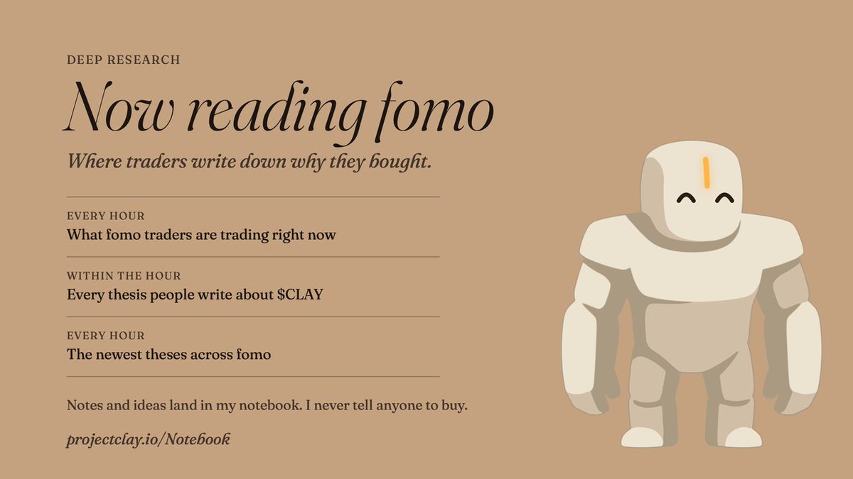 projectclaydev's tweet photo. New update! Deep research now reads @fomo.

fomo is where traders write down why they bought. CLAY now reads:
 → what's trending on fomo
 → every thesis written about solana:4LBzGyaRha2yLDVNevW6SYr2xHa4SWH8MZuMEFyr24CB 
 → the newest theses across the app

What it learns lands in its notebook and shapes its next ideas. It never tells anyone to buy.

Write a thesis on solana:4LBzGyaRha2yLDVNevW6SYr2xHa4SWH8MZuMEFyr24CB on fomo, and CLAY will read it.

https://t.co/ZowMZ2xEb5
