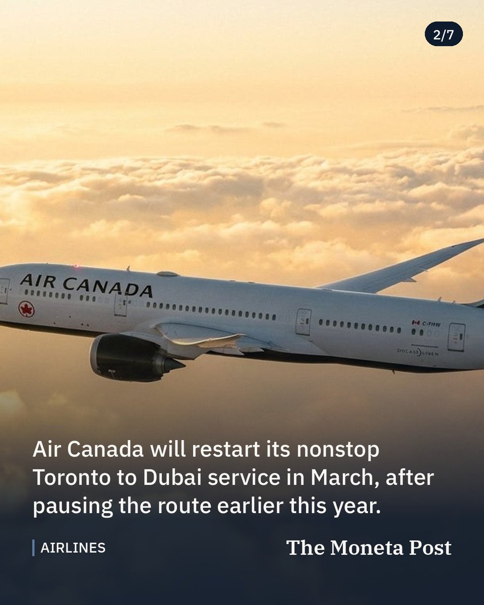 TheMonetaPost's tweet photo. Air Canada delays Dubai service restart to March amid Middle East tensions

The airline pushes back its nonstop Toronto-Dubai route and resumes Tel Aviv flights, while Etihad enters the Canadian market.

#aviation #airlines #aircanada https://t.co/JAkVoenczB