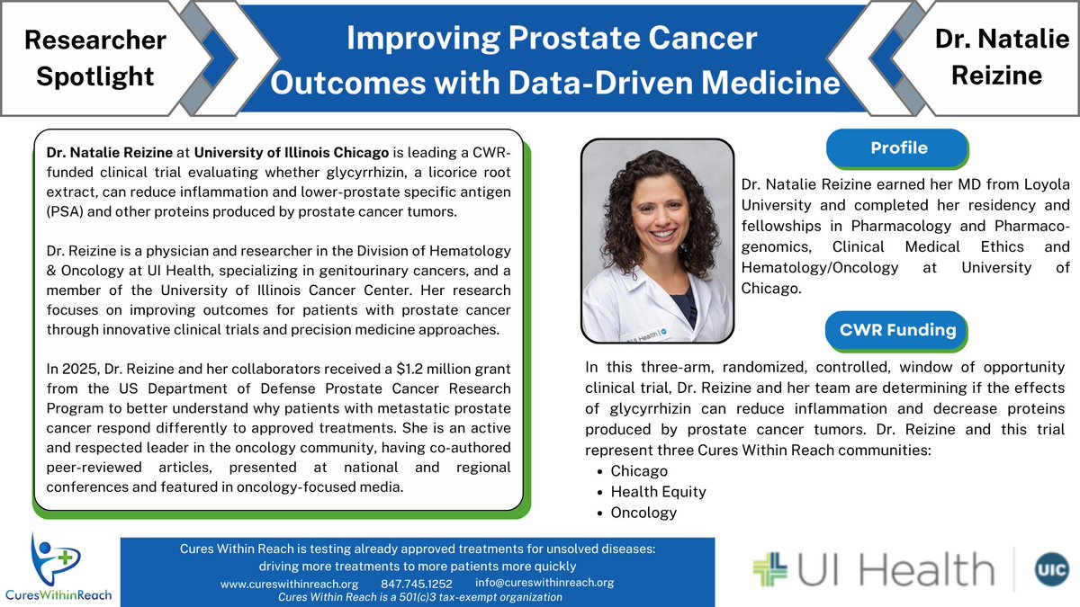 CuresWReach's tweet photo. Last chance to register for our free community engagement webinar on Oct 27 (thanks to support fr @BWFUND. Meet Dr. Natalie Reizine of @thisisUIC and @UIHealth in our Oct Researcher Spotlight in our Oct enewsletter! https://t.co/x4zegBzPlO #repurposing #ImpactPhilanthropy https://t.co/uPq2JakdkE