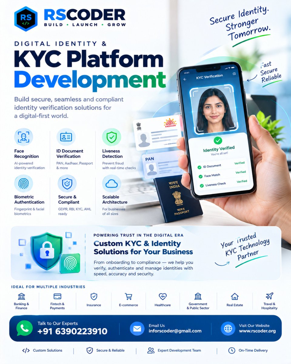 Rscoder8's tweet photo. 🔐 Digital Identity &amp; KYC Platform Development

👤 Face Verification
🪪 ID Verification
🛡️ Liveness Detection
🔏 Biometrics
☁️ Secure Architecture

🌐 https://t.co/H4Sp5Svecz
📞 +91 6390223910
#DigitalIdentity #KYC #IdentityVerification #Fintech #RegTech #KYCSoftware #RSCoder https://t.co/MxLWff1xkD