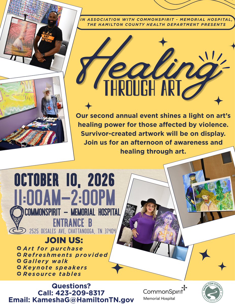 HamiltonHealth's tweet photo. ART SHOW: Join us for the 2nd Annual Healing Through Art on Saturday, October 10th, from 11 a.m. to 2 p.m. at CommonSpirit Memorial Hospital, Entrance B.
This meaningful event highlights art's healing power and gives those affected by violence a space to share their stories through creativity and expression.
Guests can view survivor-created artwork, hear from keynote speakers, connect with community resources, enjoy refreshments, and purchase select artwork. A portion of the proceeds will support local organizations.
Spend the afternoon with us as we bring our community together to promote awareness, connection, and healing through art.
