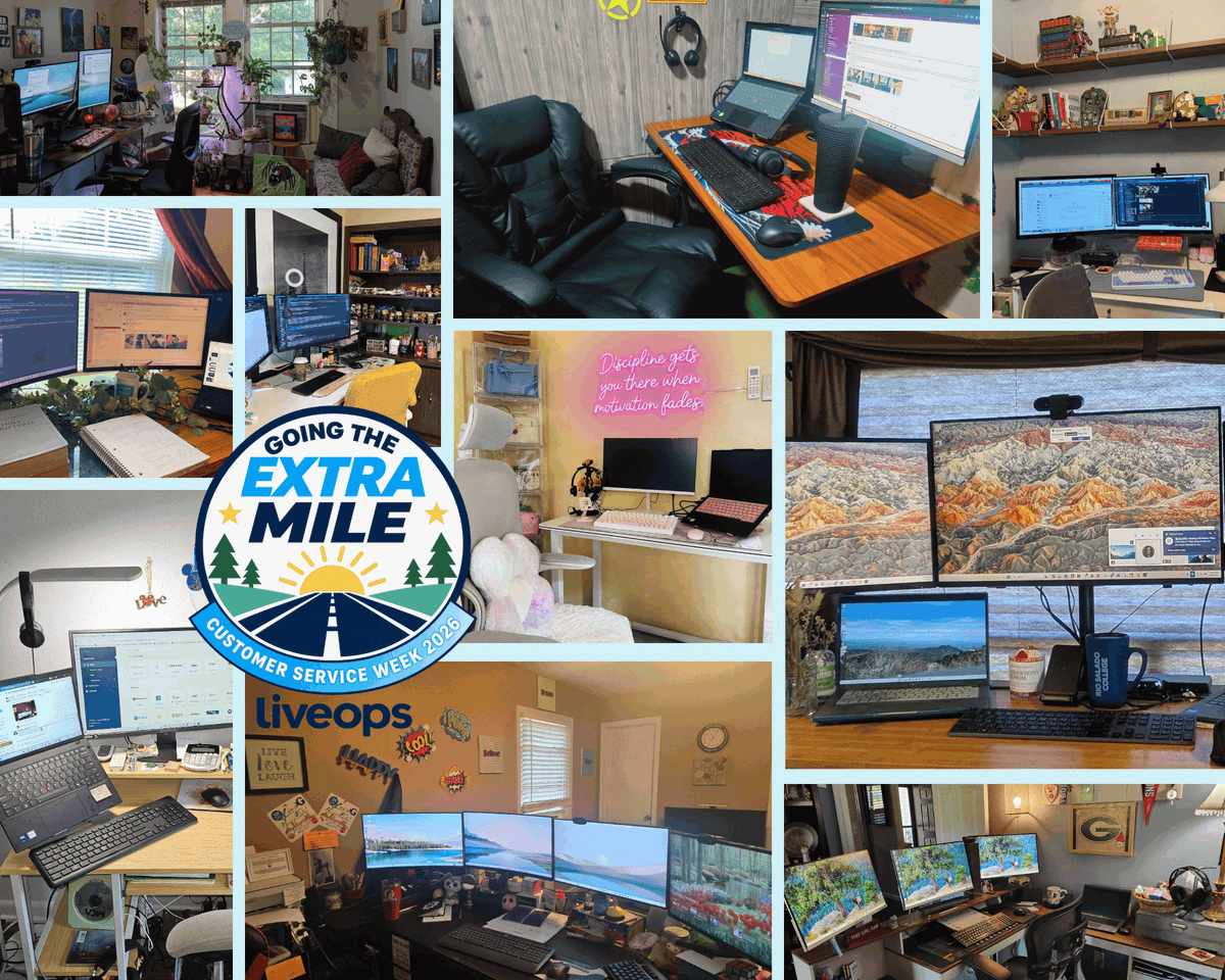 Liveops's tweet photo. 🏡💻 What does going the extra mile look like from where you sit?

For Day 2 of Customer Service Week 2026, we’re celebrating the spaces where it all happens with our Extra-Mile Home Base Showcase! ✨

From cozy corners and perfectly organized desks to high-tech setups and spaces filled with personality, every home office is a little different—and that’s what makes them great. 🖥️🪴☕🎧

Take a look at some of the Liveops home offices powering the work we do every day. 💙 Now we want to see yours!

📸 Drop a photo of your home office setup in the comments and tell us: What’s the one thing that makes your workspace uniquely yours?

Here’s to the spaces—and the people in them—that help us Go the Extra Mile. 🌟🛣️

#CustomerServiceWeek2026 #CSWeek2026 #GoingTheExtraMile #Liveops #RemoteWork #HomeOffice #WorkFromHome