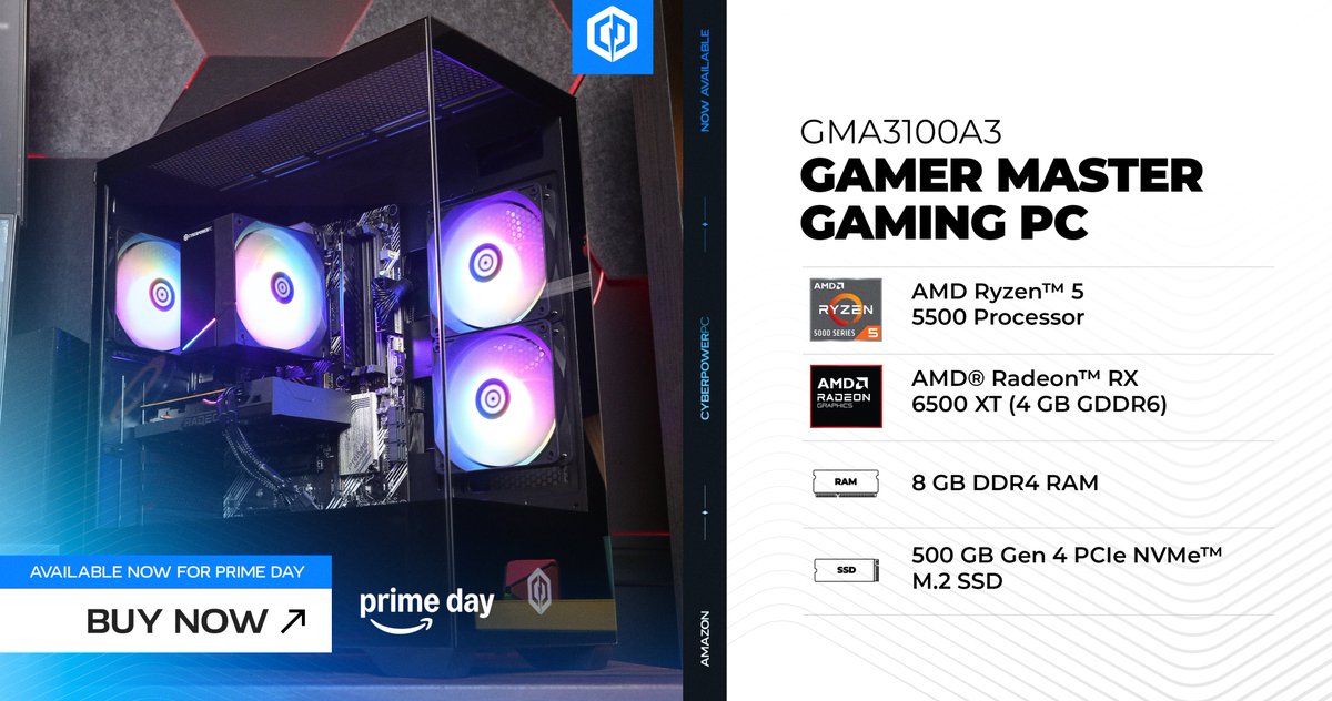 CYBERPOWERPC's tweet photo. Ready to level up your gaming setup? The CyberPowerPC Gamer Master GMA3100A3 is available NOW for Amazon Prime Day!🔥

-AMD Ryzen™ 5 5500 Processor
- AMD Radeon™ RX 6500 XT 4GB
- 8GB DDR4 RAM
- 500GB Gen4 PCIe NVMe M.2 SSD

Your next gaming PC is waiting on Amazon! 
🛒 Shop here: https://t.co/z7q6B2HlKc

#CyberPowerPC #PrimeDay #AmazonPrimeDay #GamingPC #PCGaming