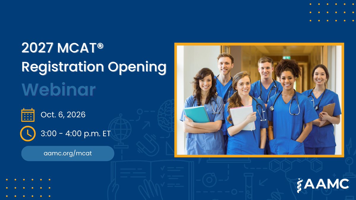 AAMC_MCAT's tweet photo. There's still time to register for the MCAT Registration Opening webinar! Join the #MCAT team today at 3 p.m. ET for an overview of the 2027 testing year and registration process. Register now: https://t.co/WvIHGRKPBr https://t.co/OplusbDwDR