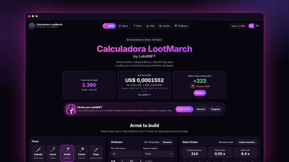 LokidNFT's tweet photo. 😎 La calculadora que todos estaban esperando en @PlayLootMarch

📊 Armé una herramienta gratis y no oficial para calcular y optimizar tus builds, power, items, forja, pets, cofres y progreso.

• Builds: simulá tu equipo completo y compará cuánto power ganás o perdés.

• Items, forja y pets: consultá stats, costos y mejoras.

• Cofres: calculá probabilidades y cuántos necesitás abrir para conseguir lo que buscás.

• Progreso: XP, niveles y costos de sellos.

🌐 Disponible en español e inglés y sin necesidad de conectar wallet.

🔗 https://t.co/DQZ4E3ctPe

❤️ Si te sirve, dejá tu apoyo y compartila con otros jugadores de #LootMarch.