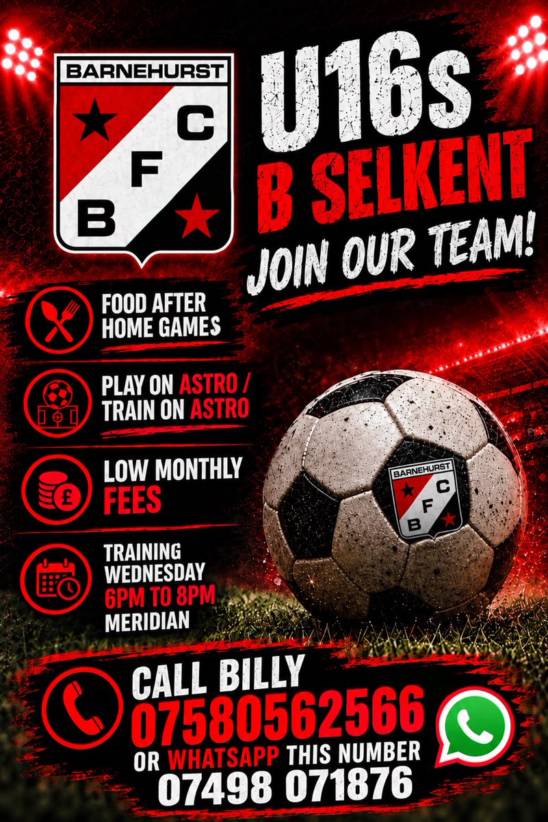 barnehurstfc's tweet photo. Barnehurst U16s are looking for new players! 🔴⚫️
If you’re interested in joining the team, get in touch! ⚽️ https://t.co/kdZzuitRd3