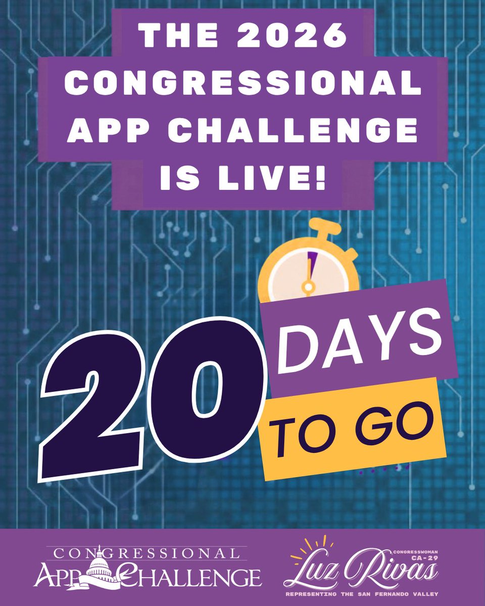 RepLuzRivas's tweet photo. 🚨Attention future STEM leaders across CA-29🚨
 
You have 20 DAYS to submit an application for the Congressional App Challenge!
 
This is a great opportunity for middle and high school students interested in STEM to flex their skills.
 
Visit https://t.co/0HLSn5lcJN to learn more!