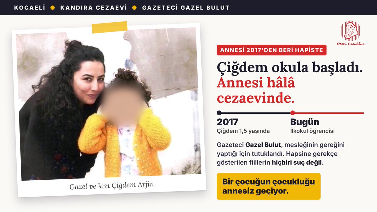 TutsakBebekler's tweet photo. Gazel Bulut cezaevine girdiğinde kızı Çiğdem 1,5 yaşındaydı.
Bugün Çiğdem okula gidiyor, annesi hâlâ Kandıra Cezaevi'nde...

Mesleğini yaptığı için tutuklanan bir gazeteci, kızının bütün çocukluğunu kaçırıyor. 
@RSF_tr
HalilAla SkandalRapor https://t.co/KSU64aG3D4