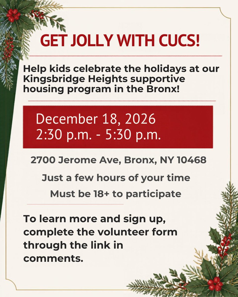 CUCSnyc's tweet photo. Volunteer with CUCS this season! 
From Veterans Day through the holidays, there are plenty of opportunities to lend a hand and help make the season special for residents.
Find a location that works for you. Learn more and sign up here: https://t.co/4eF0SMwcnQ https://t.co/MI7bvqErKO