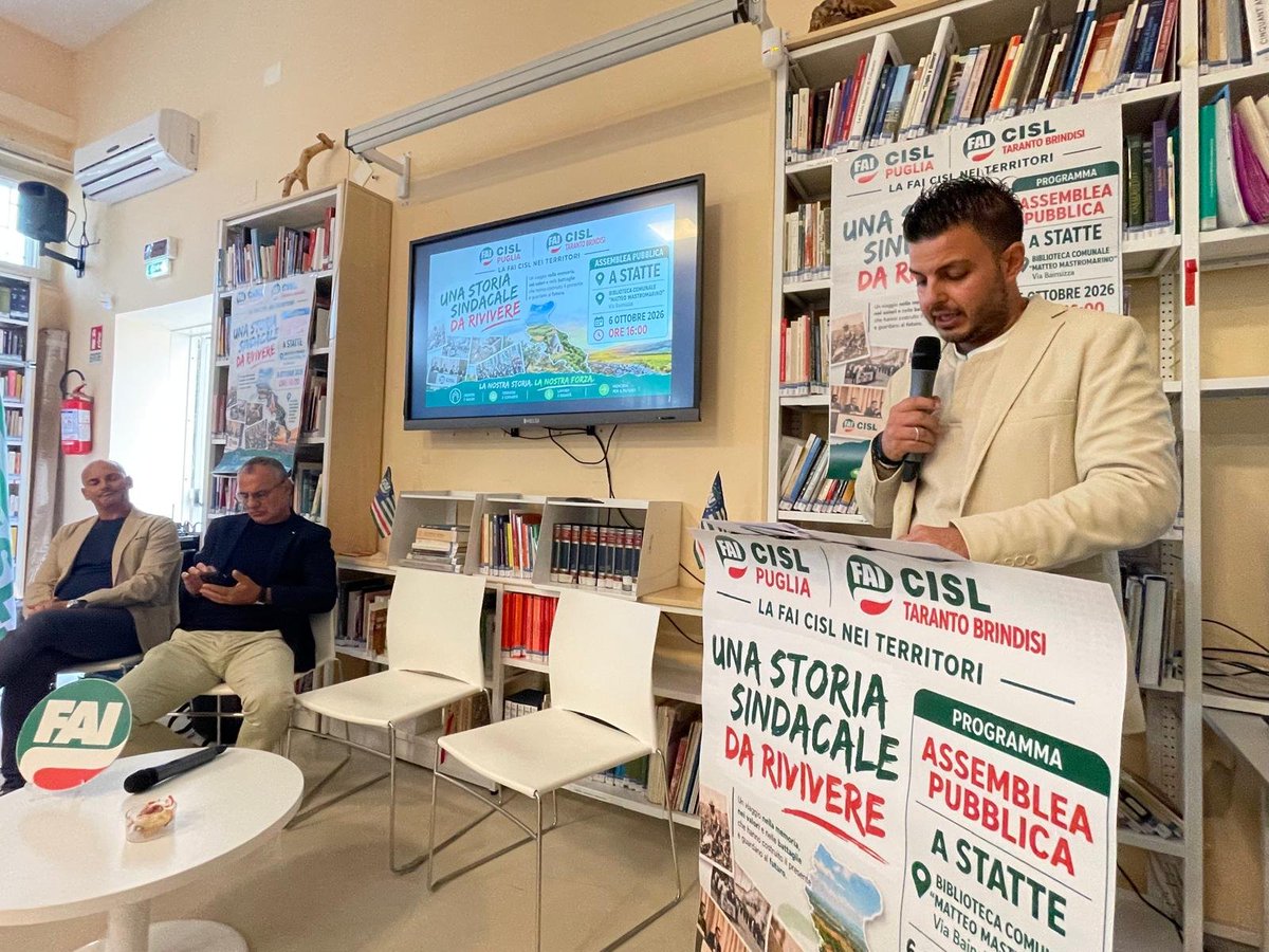 FaiCislTaBr's tweet photo. Assemblea FAI CISL Taranto Brindisi a Statte: ascolto, testimonianze e confronto su lavoro, diritti, legalità e sviluppo del territorio, con interventi di CISL e Terra Viva. Un momento partecipato che rafforza presenza, rappresentanza e azione sindacale. https://t.co/vk6d2dVicX