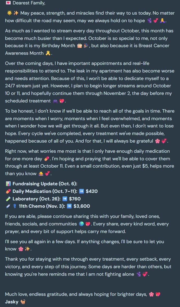 jhojasky's tweet photo. I'll see you all again in a few days. If anything changes, I'll be sure to let you know 🌸✨. My apartment leak got worse..
#breastcancerawarenessmonth

For Donations: https://t.co/UWQu2zxDQp

Detailed Update below please: (sorry it is long)
⬇️⬇️⬇️⬇ https://t.co/oZna6tsBtJ