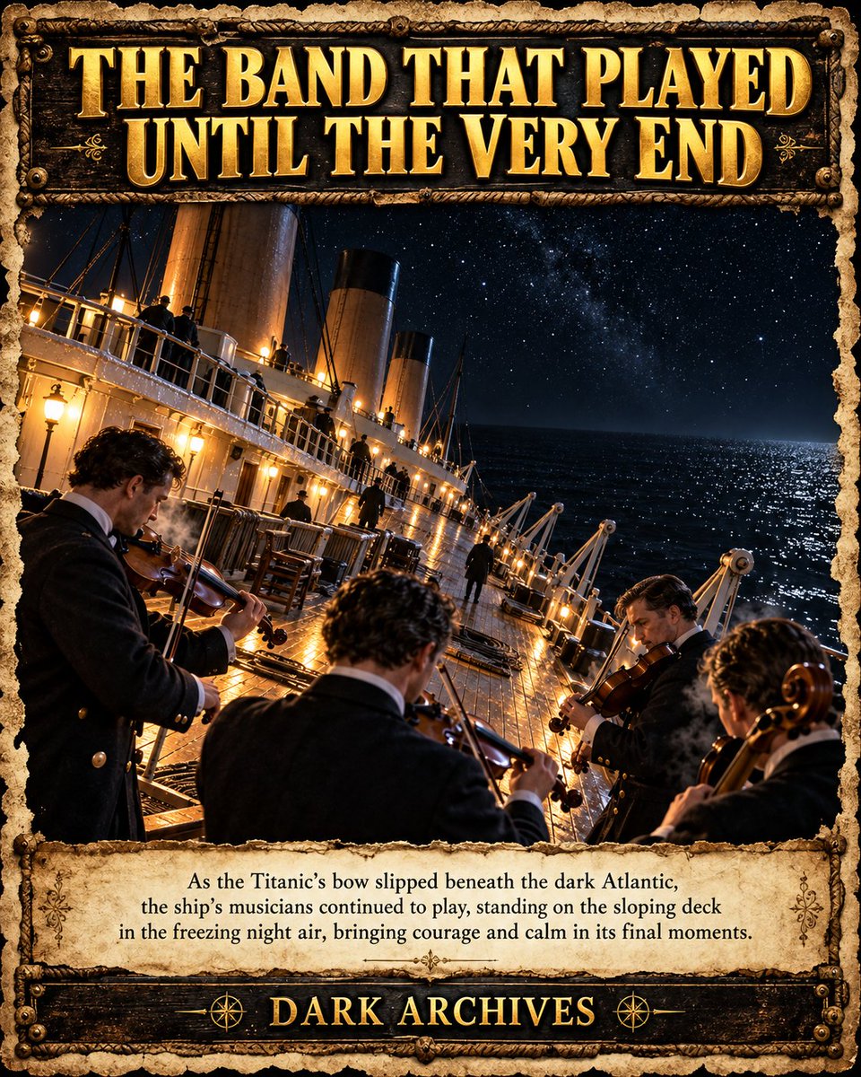 Dark_Archives0's tweet photo. In the final hour of April 14, 1912, as the "unsinkable" Titanic began slipping into the freezing Atlantic, eight musicians did something almost impossible to imagine. Instead of trying to find a spot on a lifeboat, they picked up their instruments, walked out onto the increasingly tilted deck, and kept playing. 🎻

Survivors said they started with lively, upbeat tunes, meant to keep people calm. As the ship sank lower, the music reportedly grew slower and more solemn. Not one of them survived. There's some debate among historians about the exact final song, but what's not in question is that they kept playing long after they had every reason to stop.

#TitanicHistory #WallaceHartley #1912Disaster