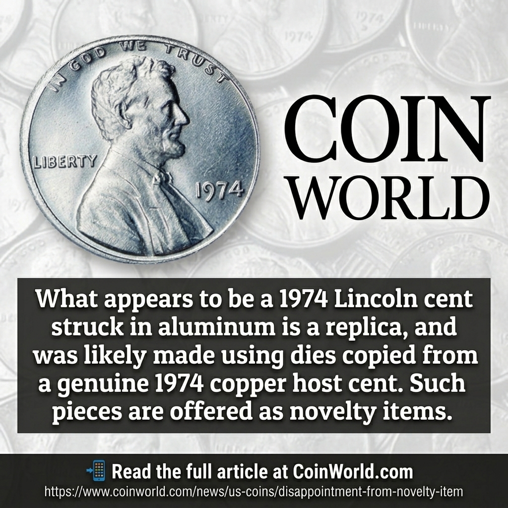 CoinWorld's tweet photo. Is that 1974 aluminum Lincoln cent real or a novelty piece? 🪙What appears to be a rare aluminum cent is actually a replica made using dies copied from a copper host coin.   

📲 Read more at https://t.co/wSZRgITcOh: https://t.co/rVppznoFik https://t.co/TbkQBXUJlU