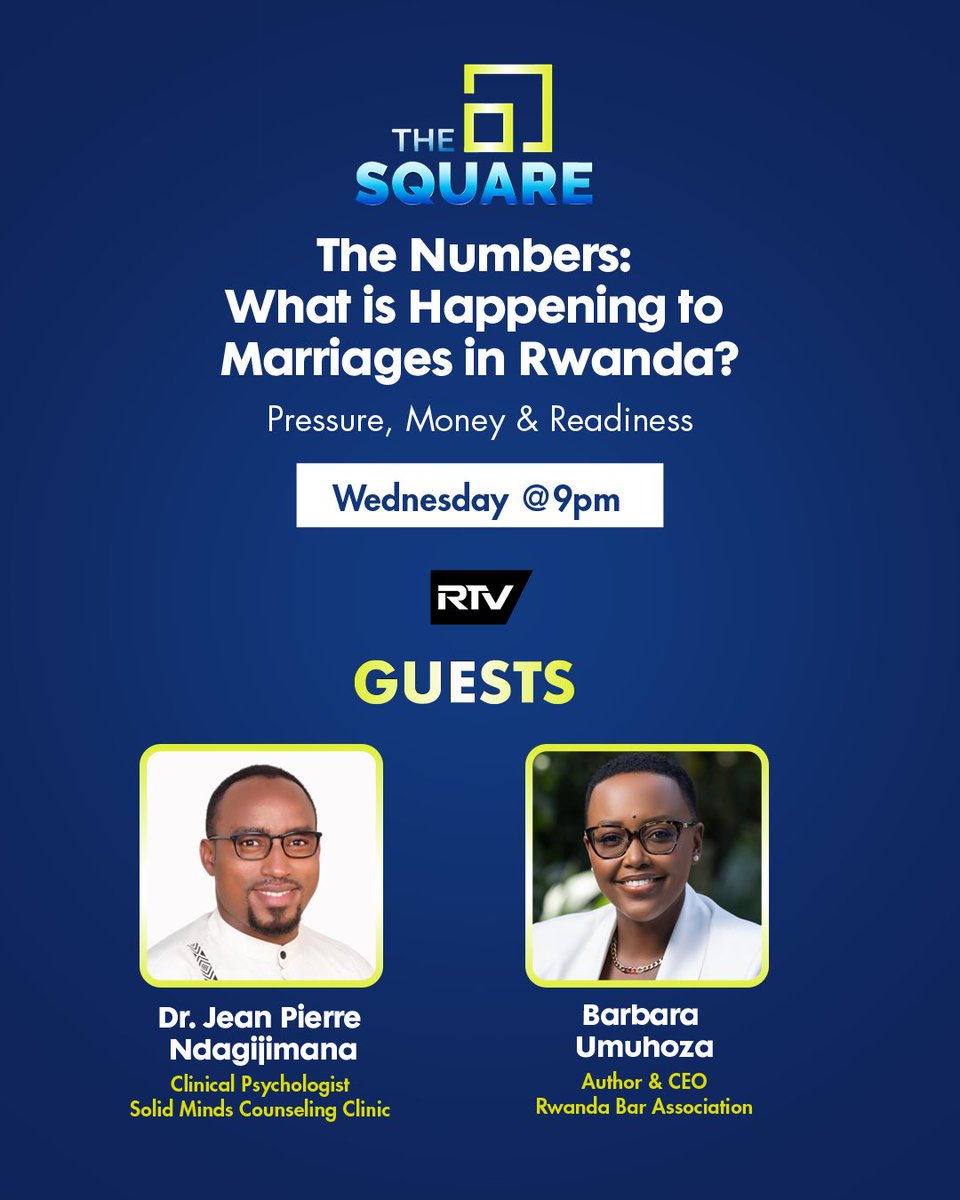 RwandaSquare's tweet photo. 4,479 divorces in 2025. More than 4 in 10 of them ended marriages under 10 years old. 

Are we marrying too soon? Spending more on the wedding than on the marriage? Or simply less willing to stay when it isn't working?

Join us this Wednesday on @RwandaSquare as we unpack the recent trend of marriages and divorce in #Rwanda: the pressure, the money and the readiness behind the numbers.

Joining us in studio:
🔹 Dr. Jean Pierre Ndagijimana, Clinical Psychologist, Solid Minds Counseling Clinic @Umwegamirwa 
🔹 Barbara Umuhoza, Author of The Comeback: Surviving Divorce & Thriving After and CEO, Rwanda Bar Association @UmuhozaB 

📅 Wednesday, 7 October
⏰ 9pm
📺 Live on @RwandaTV 

Join the live conversation live using #TheSquareRw 

#RwOX