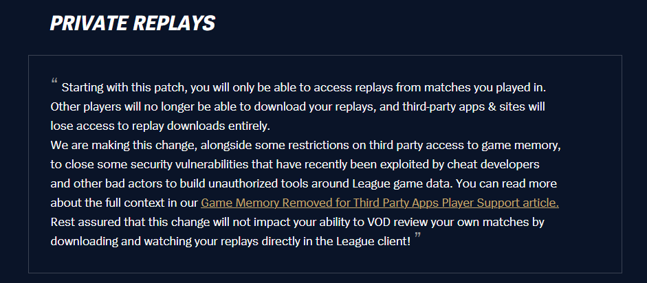 SkinSpotlights's tweet photo. Riot are just doing weird changes while not really explaining properly why....  Feels so trash losing access to watching random replays, at least let me still grab replays from my friends.... https://t.co/4mOW7KZYQr